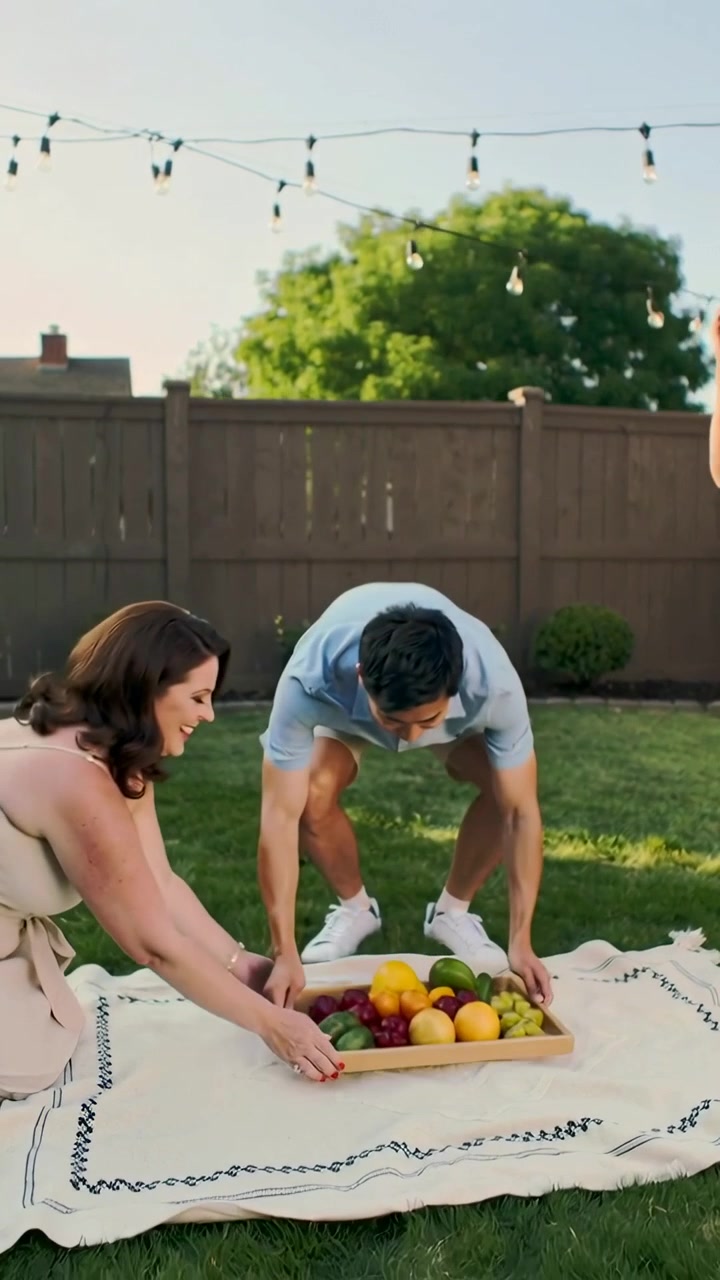 Vertical video: Arriving man placing tray on blanket as woman in dress tidying, making yard picnic