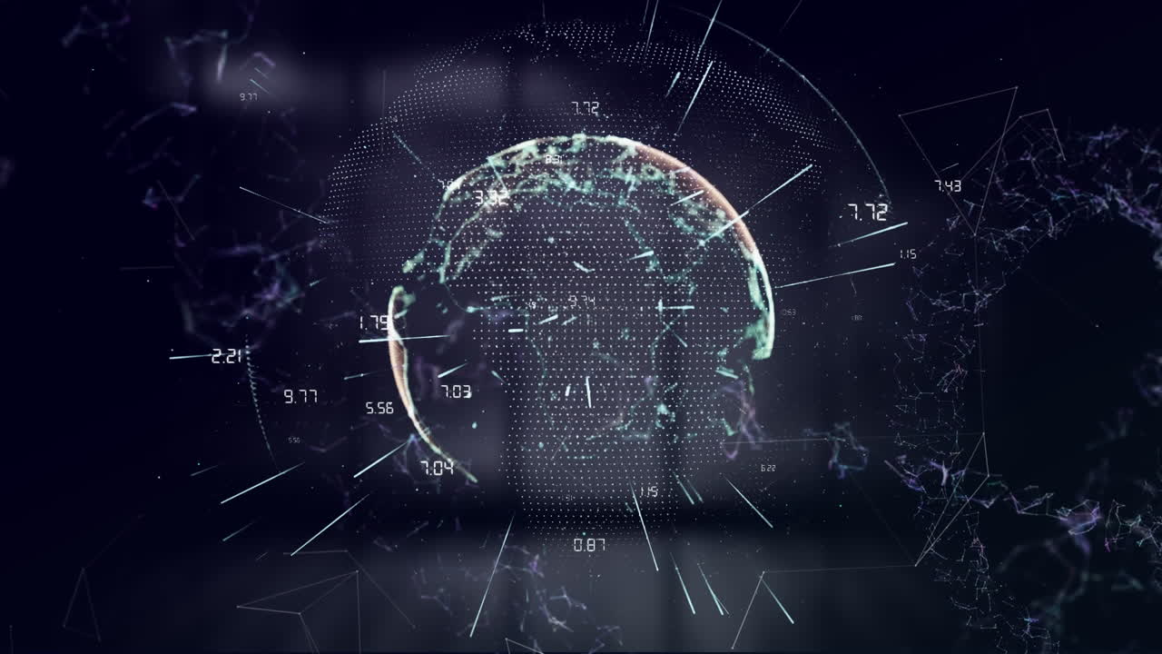 Light trails over spinning globe against black background