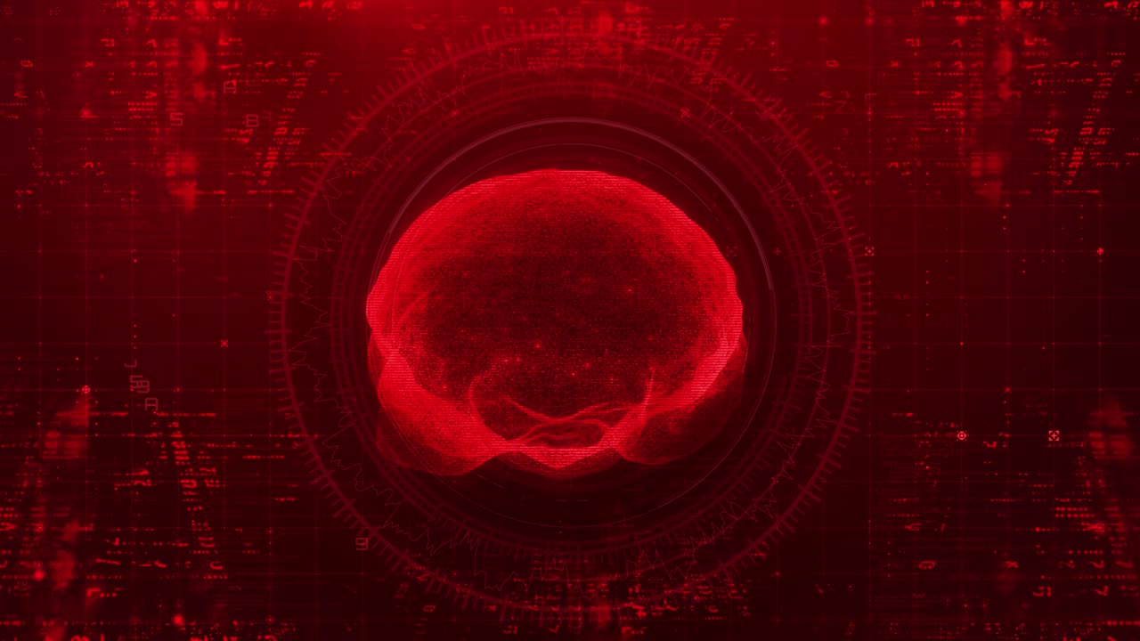 Futuristic Digital Brain Rotating with Data Interface on Red Background
