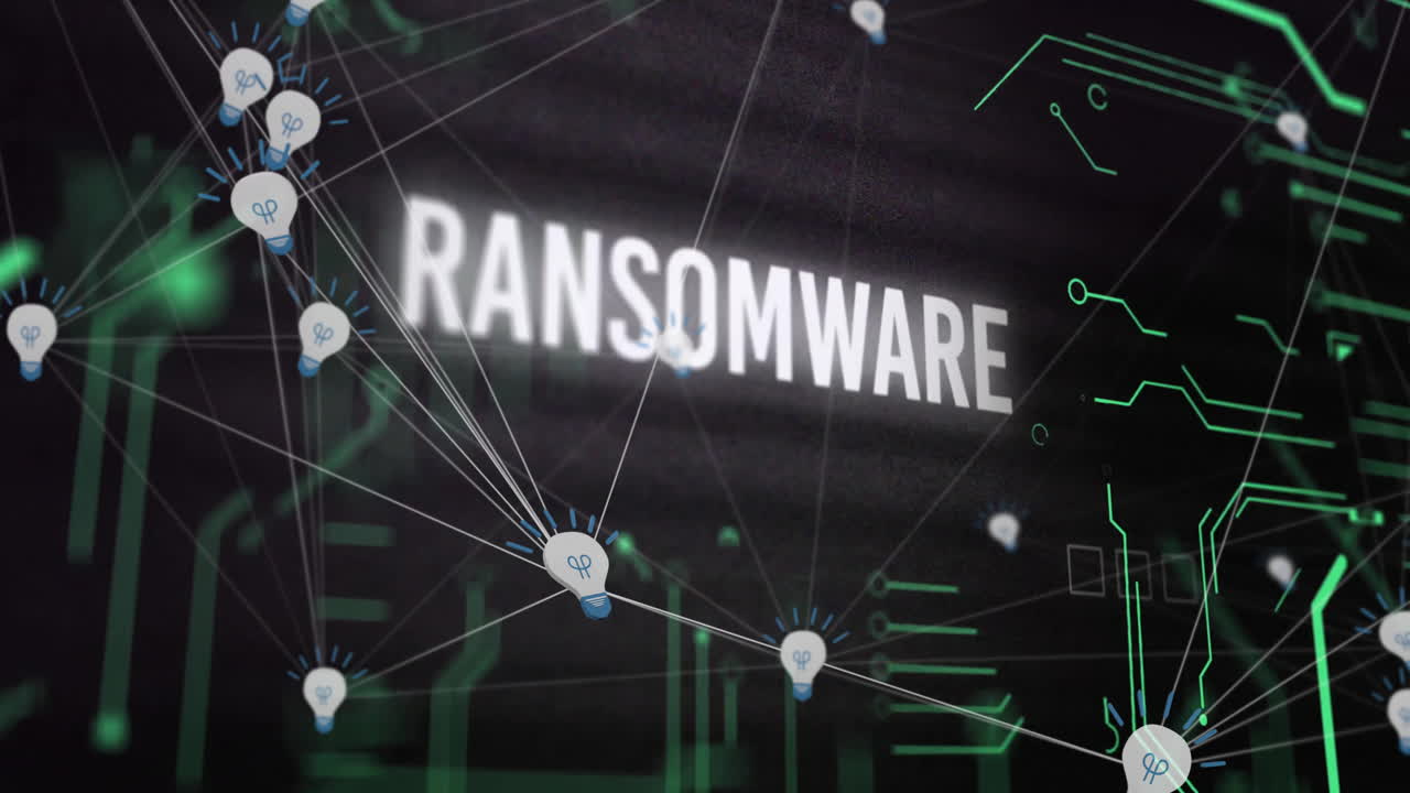Ransomware text animation over network of connections and lightbulbs