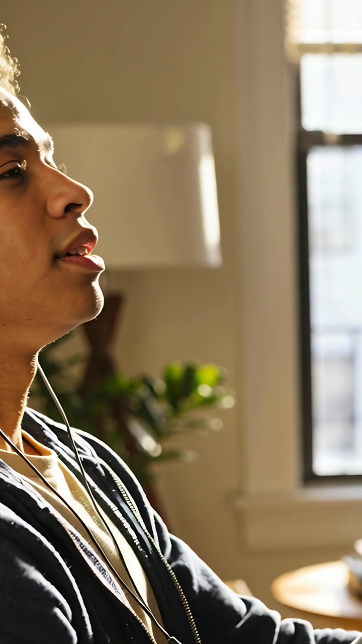 Vertical video: Man in zip hoodie hearing audio on wired earbuds tilting back and relaxing at home