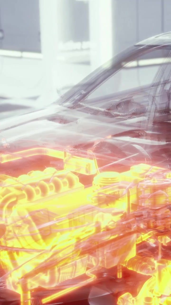 Car model design with transparent view and engine details in urban area