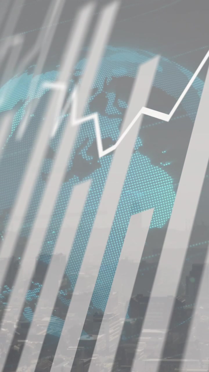 Animación de procesamiento de datos financieros y globo sobre un paisaje urbano
