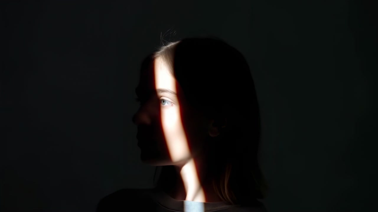 Side-profile portrait shows a woman holding still while a bright narrow stripe travels across her face from rear hair toward eye and nose, creating sharp light and shadow on a dark backdrop.
