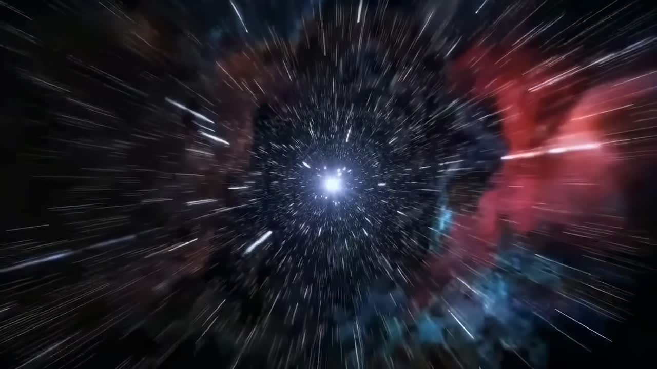 Video dinamico di un'esplosione cosmica con angolazione zoom-in, che mostra nebulose vibranti