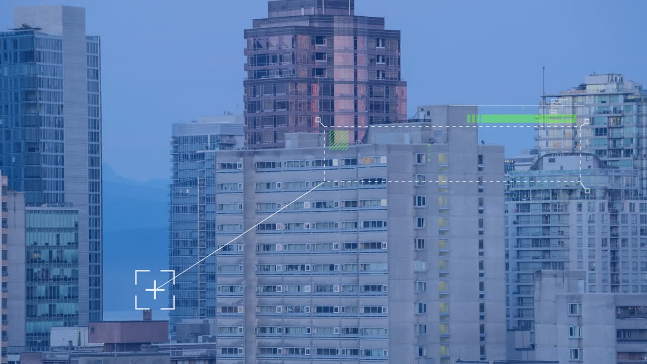 animación del procesamiento de datos sobre una vista aérea de edificios altos.