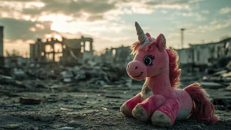 pink unicorn toy in a destroyed city