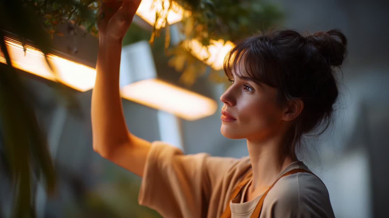 A Peaceful Moment of Connection with Nature: A Young Woman Tending to Her Indoor Garden Beneath Warm, Glowing Lights, Reflecting the Serenity of Plant Care and the Beauty of Natural Growth