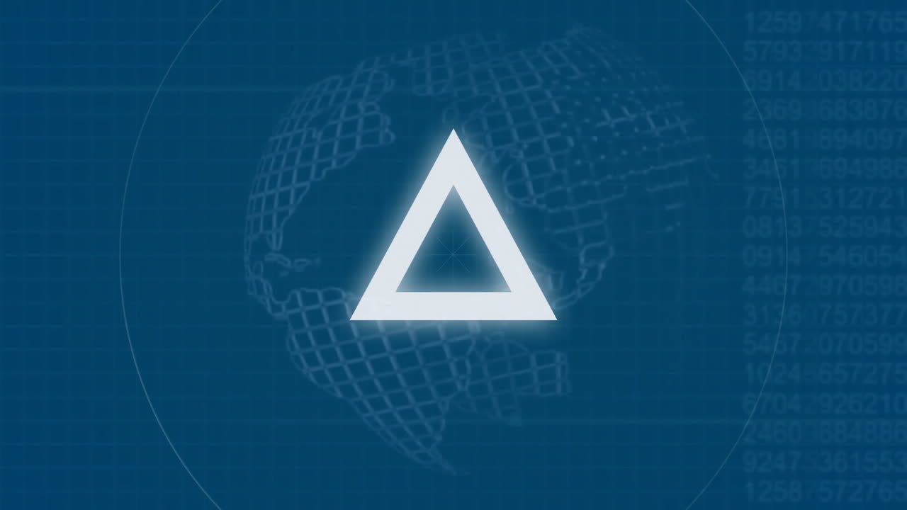 triángulo brillante animado sobre globo digital con fondo de datos