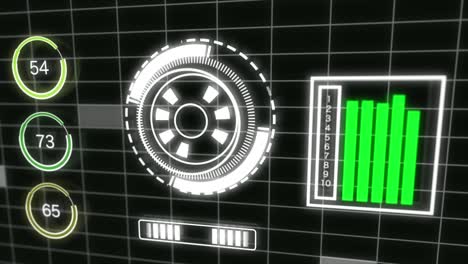 representación de datos infográficos futuristas en un fondo cuadriculado: elementos circulares y gráficos de barras de visualización de ciencia ficción