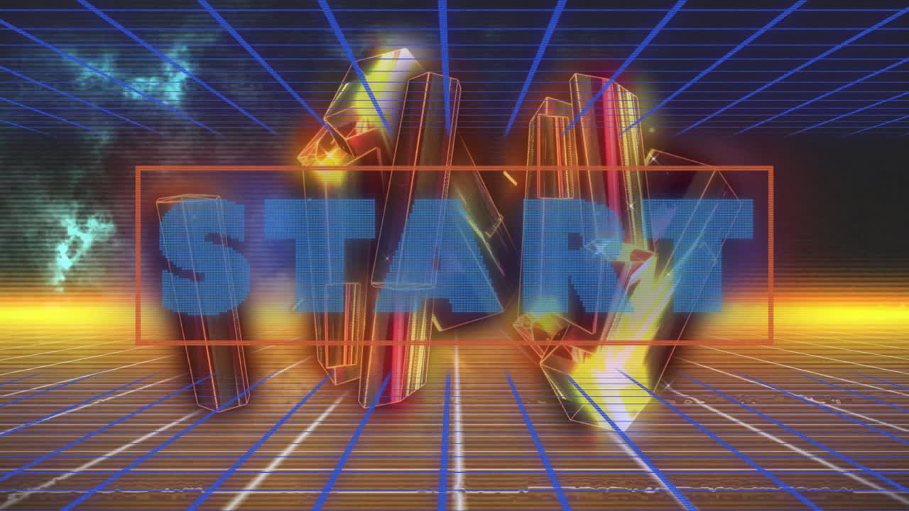 Starting text animation over neon grid and geometric shapes