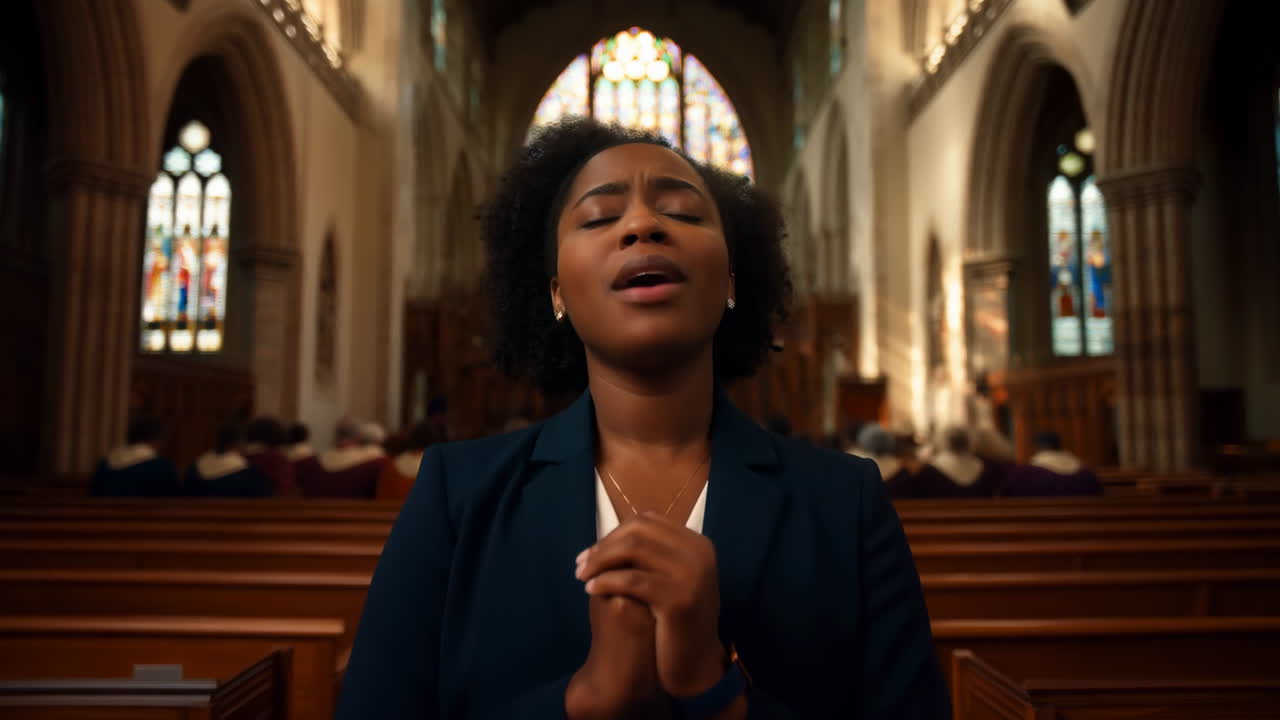 Young Black Woman Praying and Worshipping in a Church
