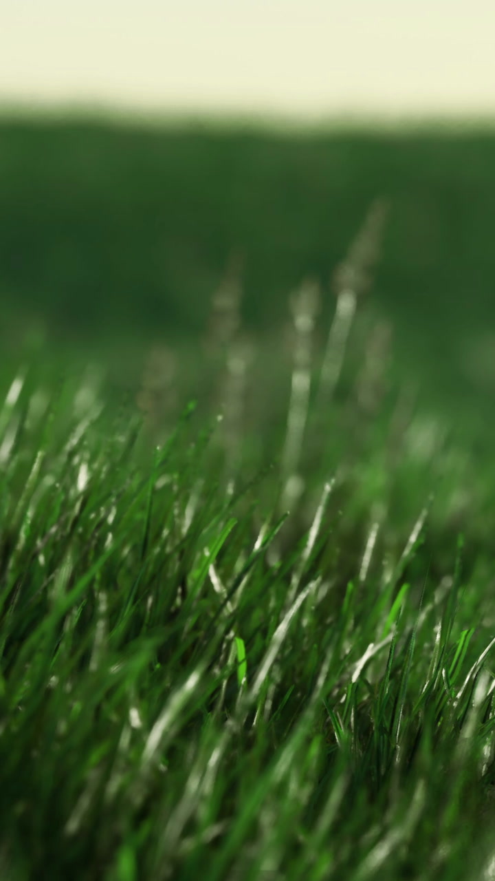 Gentle breeze rustles through vibrant green grass in a tranquil meadow at dusk