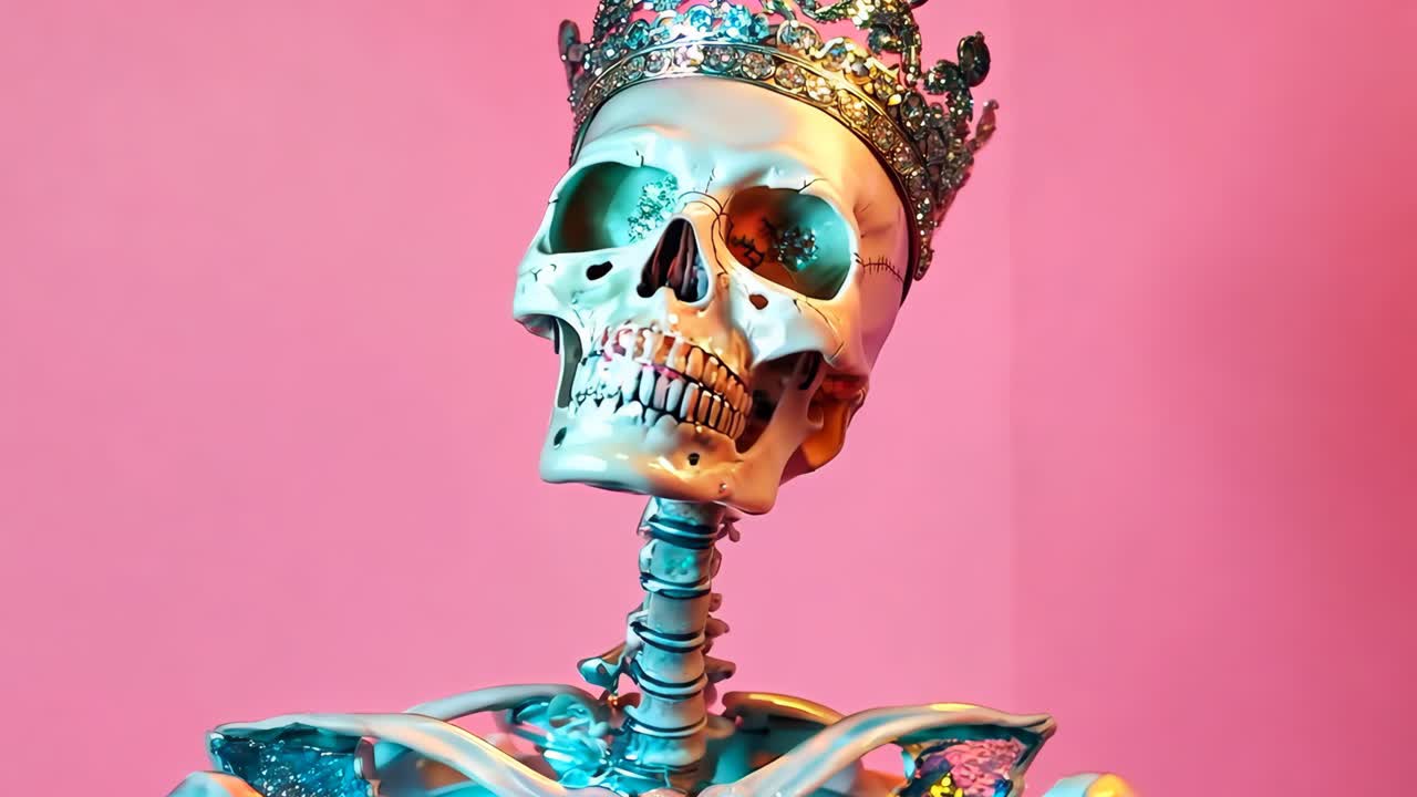 un esqueleto con una corona en un fondo rosa