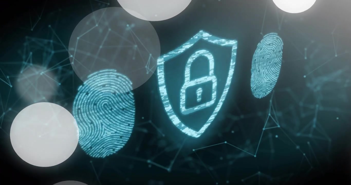 On startup particles coalescing into blue shield and fingerprints glitching showing network securi