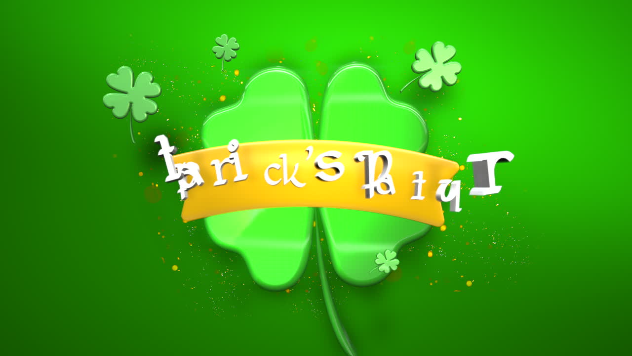animación primer plano fiesta de san patricio texto y movimiento grandes y pequeños tréboles verdes en el día de san patricio fondo brillante