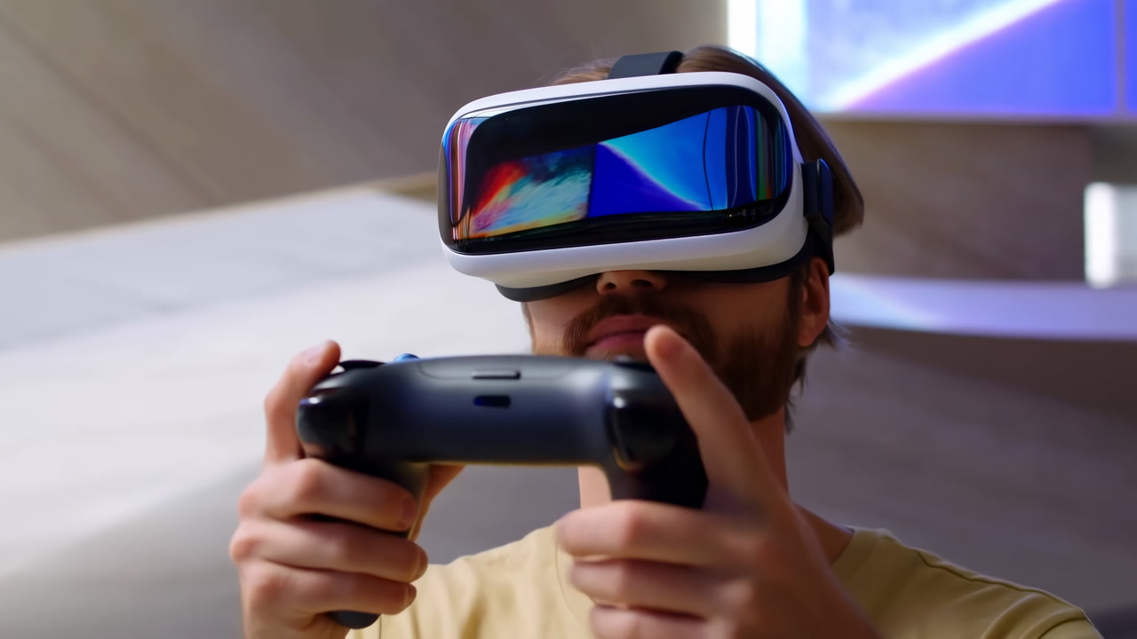 Young Man Wearing Vr Headset Holding Controller, Immersive Metaverse Simulation With Expressive Hand Gestures,