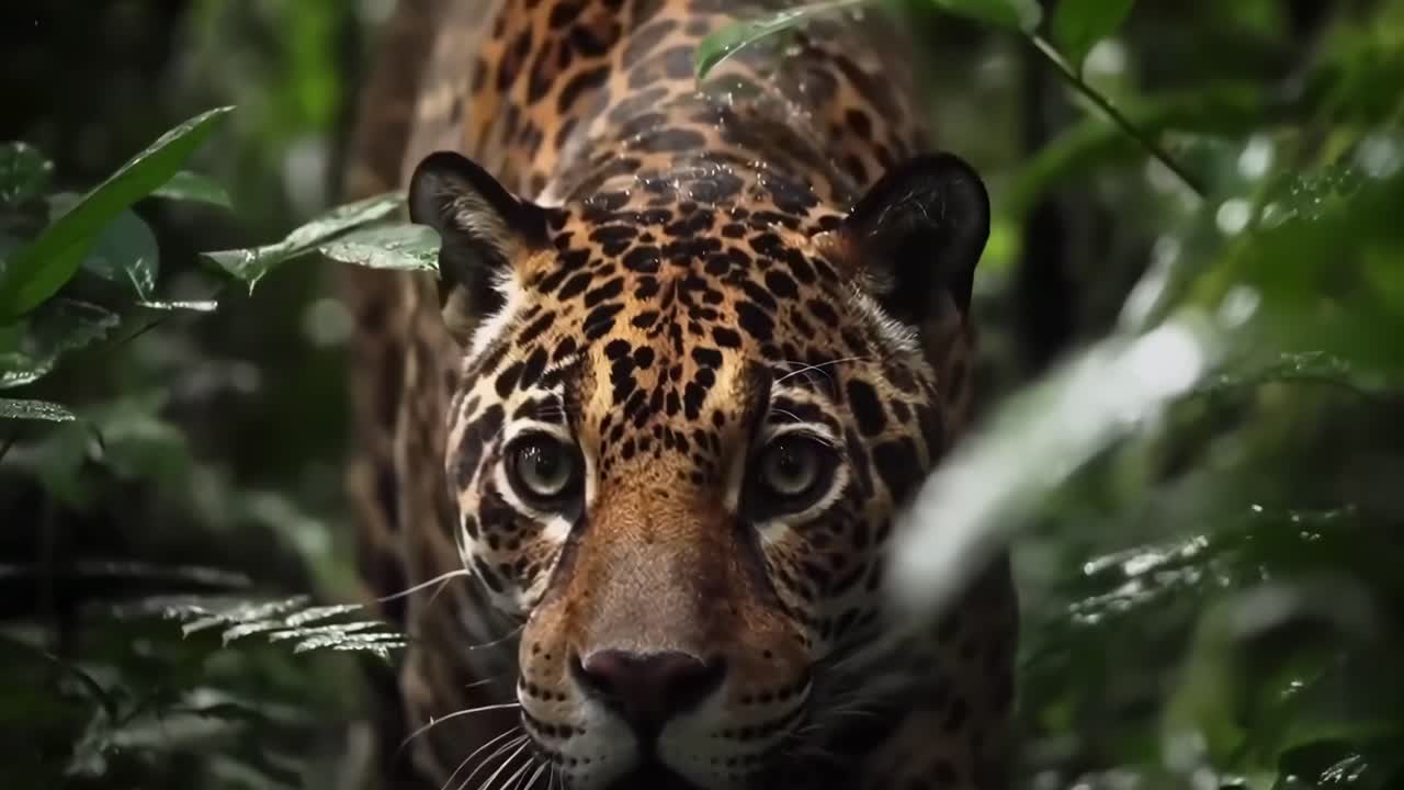 Video en primer plano de un jaguar en una selva exuberante, capturado a la altura de los ojos, mostrando su mirada intensa