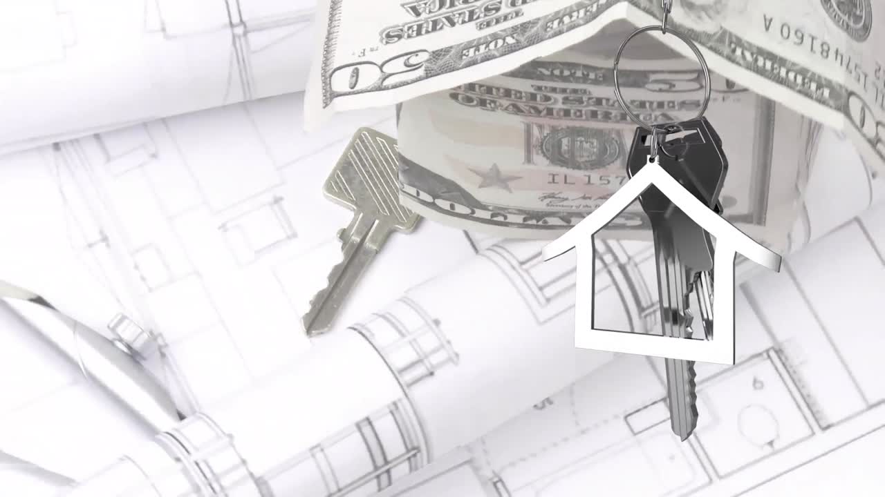 Animação de chaves de casa penduradas contra desenhos arquitetónicos giratórios, notas de dólar e chave de casa