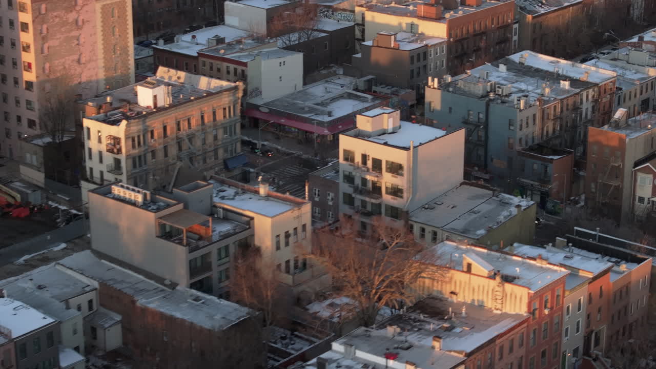 Aerial view of Bedford-Stuyvesant Brooklyn on a winter day. Shot in New York City