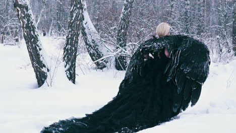 lonely woman in dress with wings and tail in winter forest