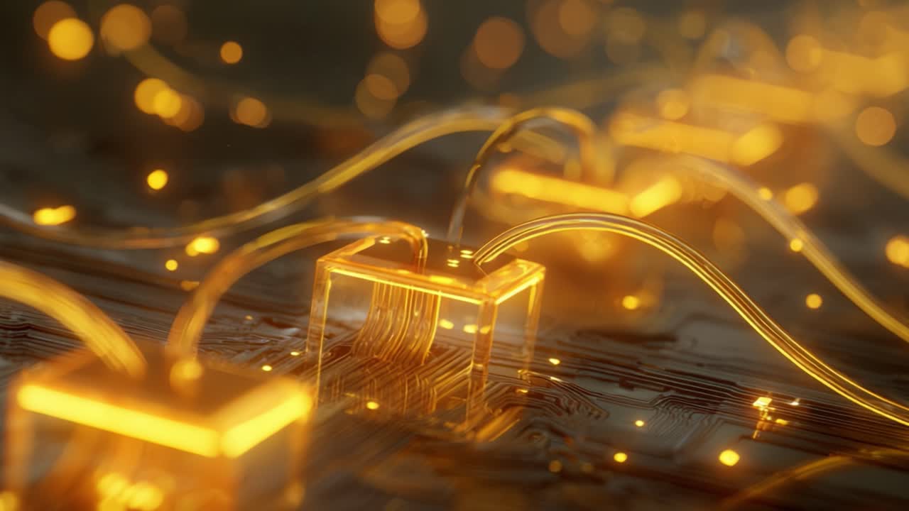 Glowing golden signals flowing through a transparent cpu on a futuristic motherboard representing fast data transfer, artificial intelligence, and advanced quantum computing technology