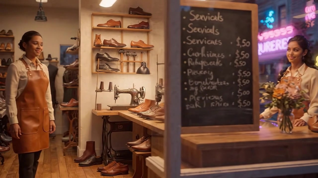 A dedicated artisan showcases meticulous craftsmanship while working in a cozy shoe shop filled with elegantly designed shoes, capturing the essence of handmade quality.