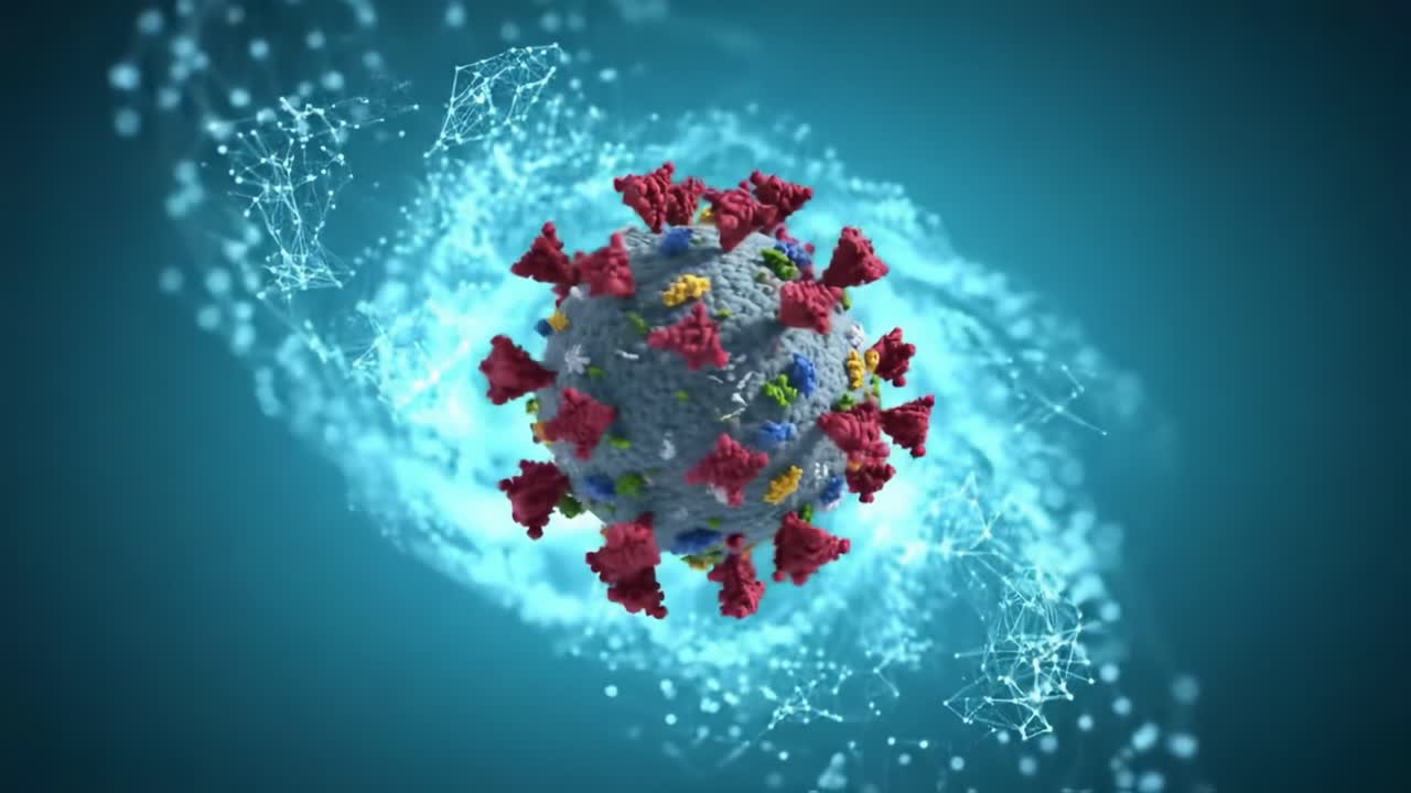 A detailed look at sophisticated equipment used to analyze viruses, showcasing the intricate design of the machinery and the vibrant structure of a virus as it emerges in a lab setting.