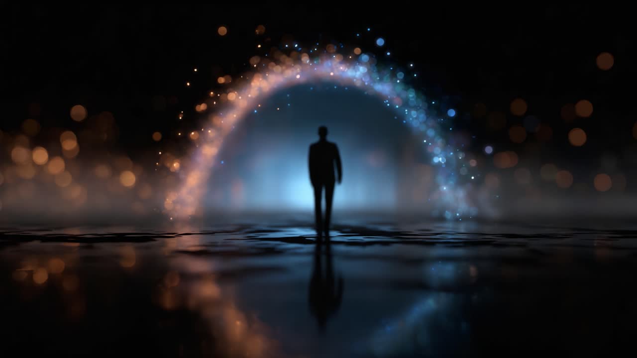 A solitary figure walks through a cosmic arch of light, symbolizing journey, discovery, and the interplay of shadows against a backdrop of vibrant ambiance