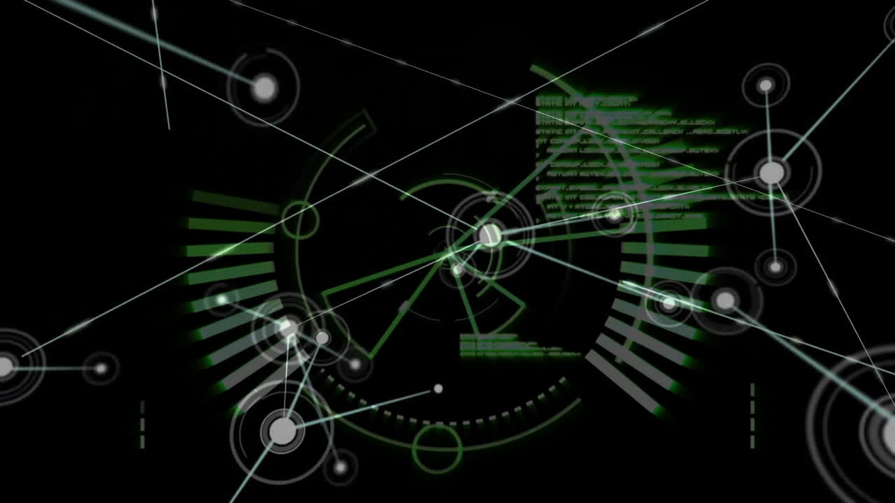 Central circular HUD element glowing, connecting surrounding nodes with green data bars and lines