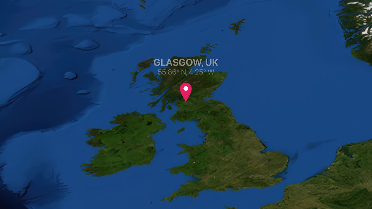 Zoom della vista satellitare da una mappa del mondo globale su Glasgow, Scozia, con un segnaposto rosso.