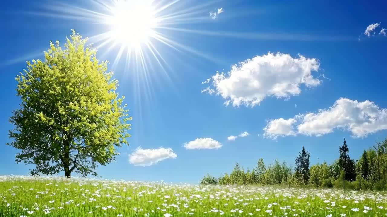 Frøperspektiv af margueritter på en solbeskinnet eng, der fanger en levende og rolig naturscene