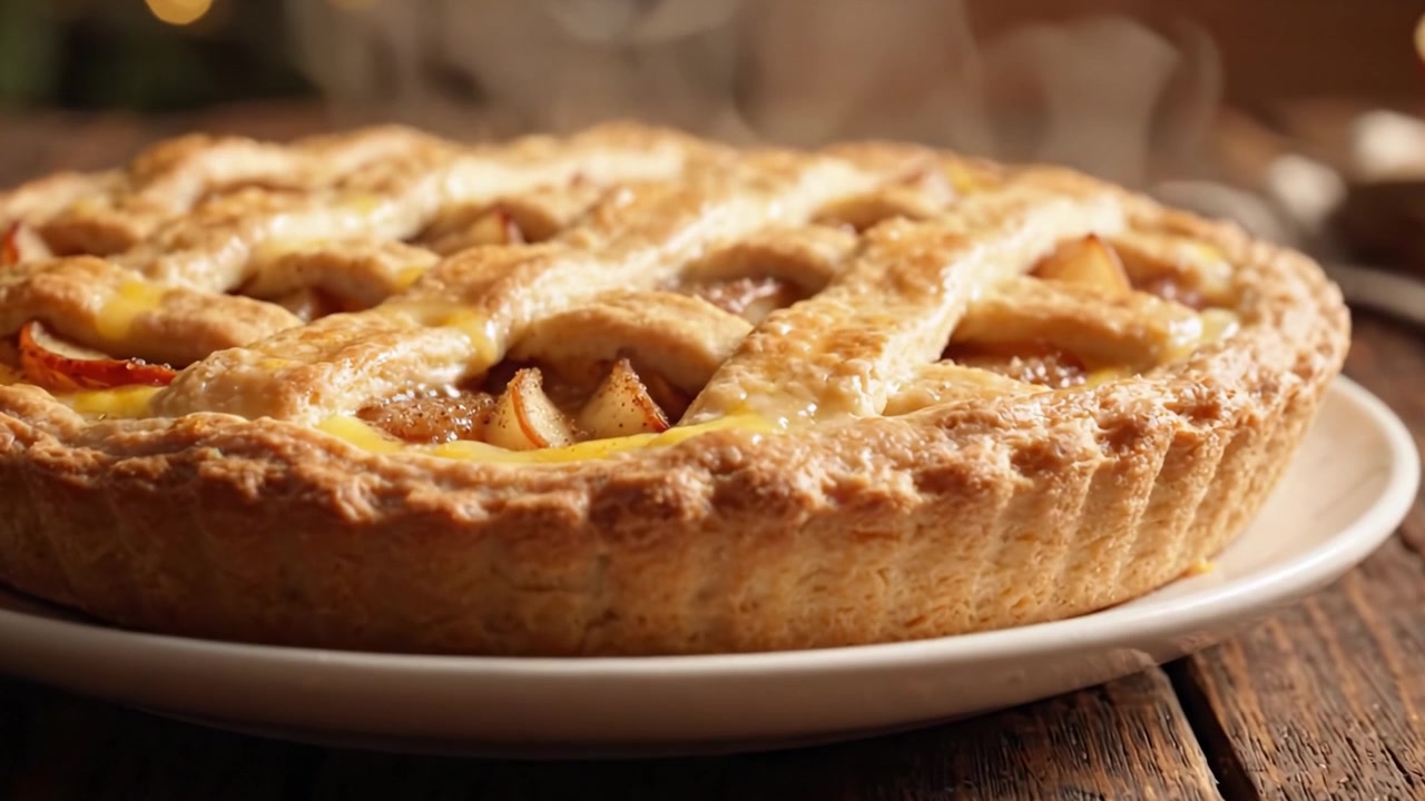 Una deliziosa torta di mele dorata con crosta a griglia, appena sfornata, fumante e pronta a deliziare le tue papille gustative con sapori dolci e speziati