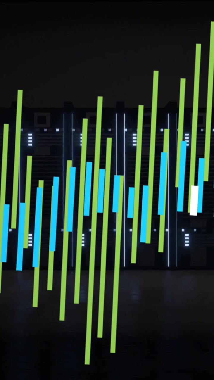 Animazione di grafici a barre colorati su rack di server in un data center