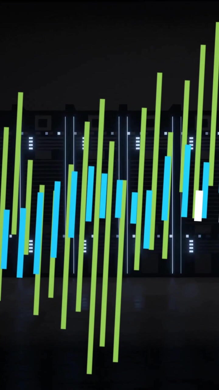 Animazione di grafici a barre colorati su rack di server in un data center