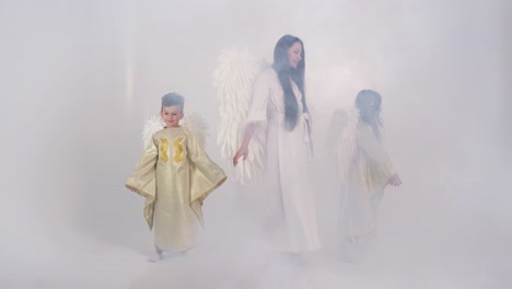 family with angel wings on a white background they are in smoke family with angel wings on a white background they are in smoke slow motion