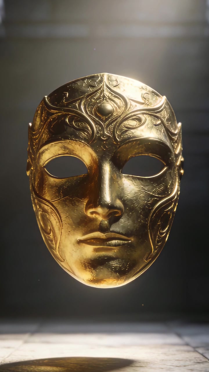 Video verticale: Luci dall'alto si spostano rivelando una maschera d'oro filigranata e ornata su un piedistallo in un museo, con riflessi.