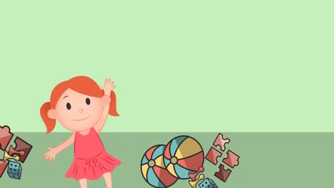 animation of girl with toys icon on green background