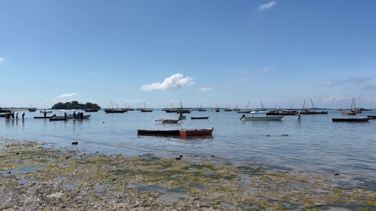 Dozens of boats on the coast of Zanzibar at low tide. Tanzania.