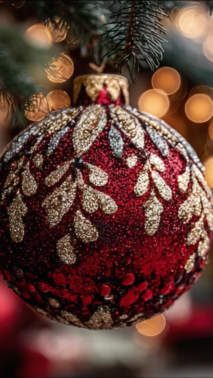 Un ornamento natalizio rosso e oro, realizzato ad arte e appeso elegantemente su uno sfondo di luci scintillanti, perfetto per decorazioni stagionali e allegria festiva