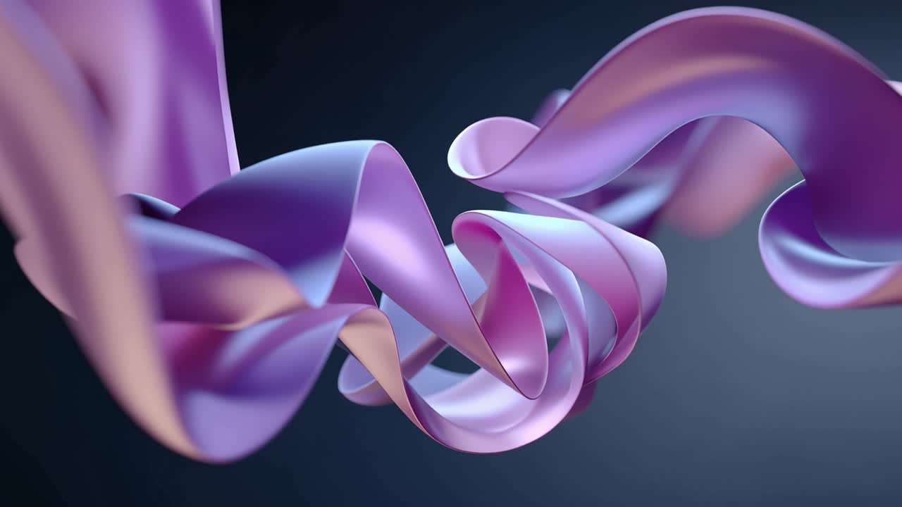 Morbide nastri viola turbinano con grazia contro uno sfondo scuro. Le loro superfici lucide catturano la luce, creando delicati riflessi. Il movimento appare fluido, onirico ed elegante.