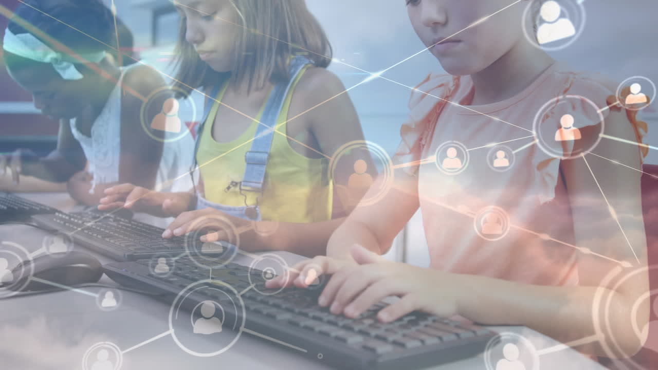 Network of profile icons against diverse female students using computer at school