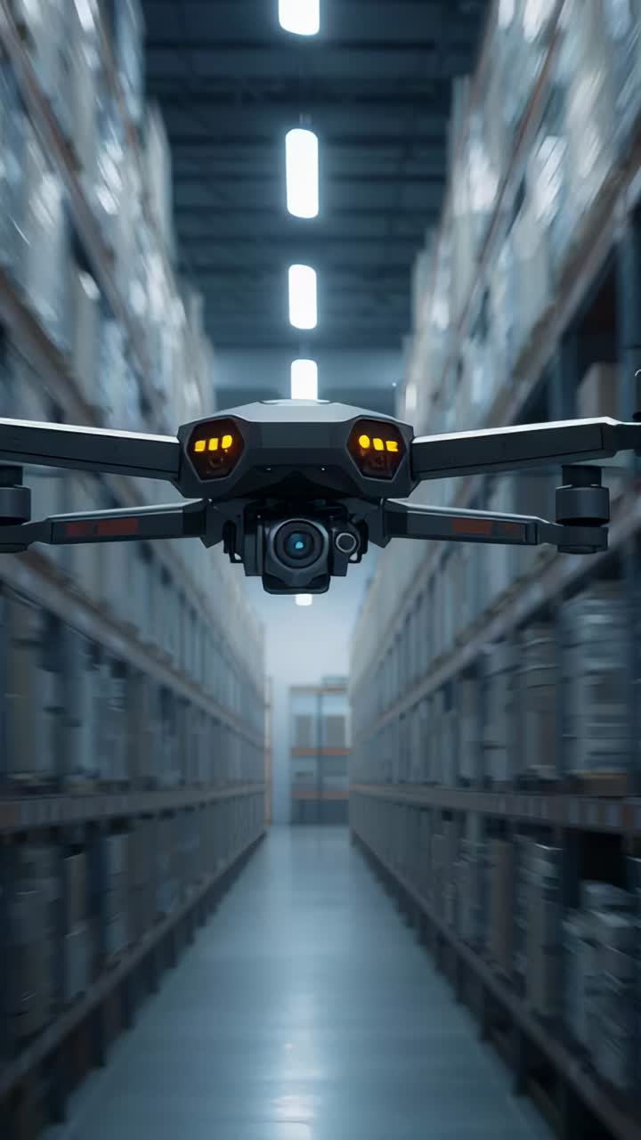 Vertical video: Flying quadcopter with camera after signal, scanning warehouse aisle for inventory