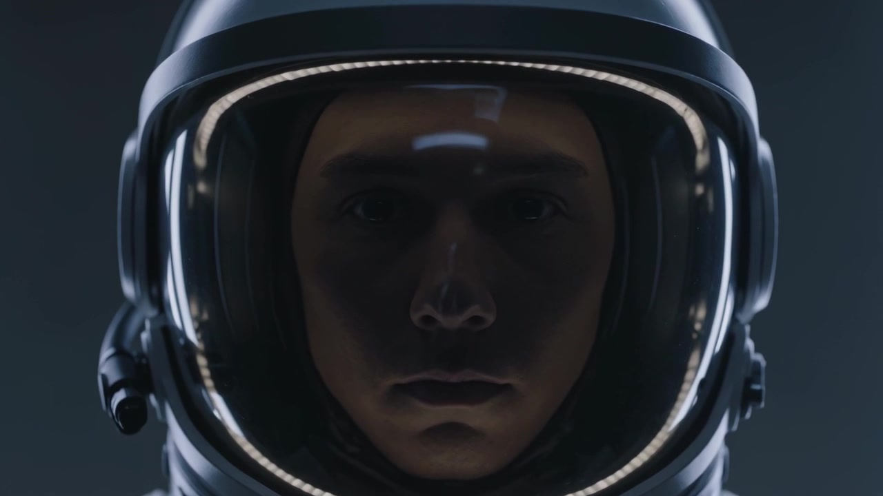 Luce che sale, telecamera che si muove, astronauta con il volto rivelato attraverso la visiera con LED sul bordo in studio