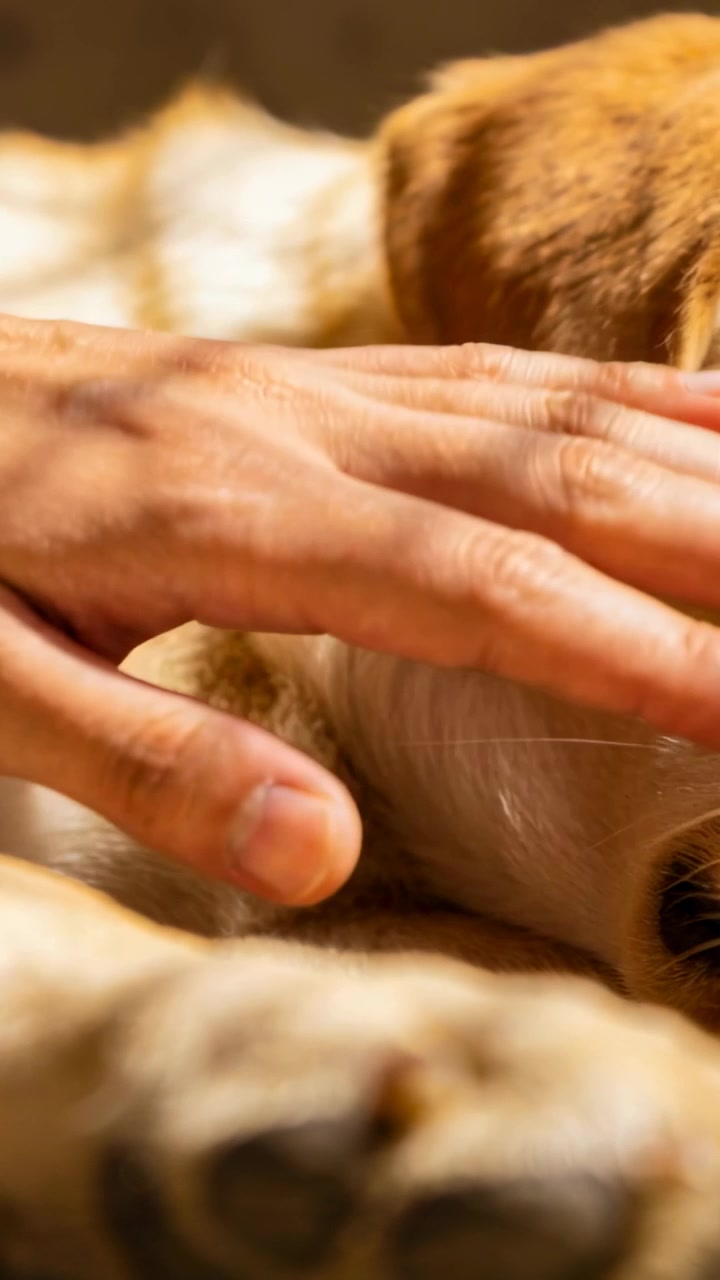 Vídeo vertical: Mão com antebraço nu entrando no quadro, acariciando o peito de um cachorro caramelo na cama, acalmando-o.