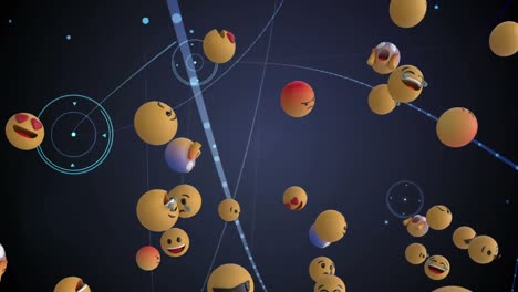 Digital-animation-of-multiple-face-emojis-against-network-of-connections-on-black-background