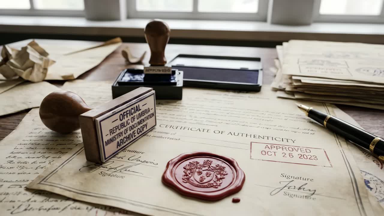 Certificato ufficiale di autenticità con sigillo in cera e timbri