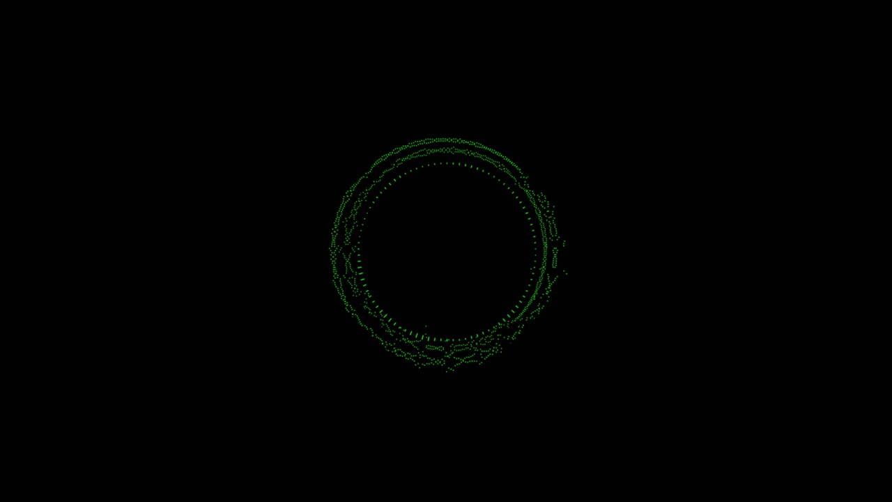 Abstract green circular form with pulsating lines and dots on a black background. Represents audio equalizer, sound wave, or futuristic interface. Seamless loop
