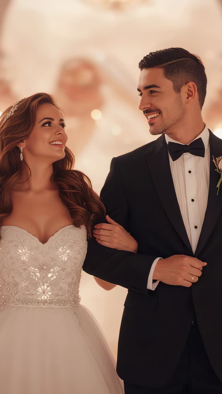 Vídeo vertical: novios caminando de la mano en un salón de baile con vestido blanco y esmoquin