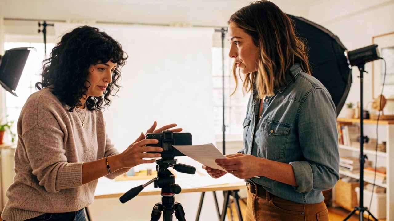 Leggendo la lista delle riprese, donne in denim e beige regolano una telecamera su treppiede in studio, preparando lo scatto.
